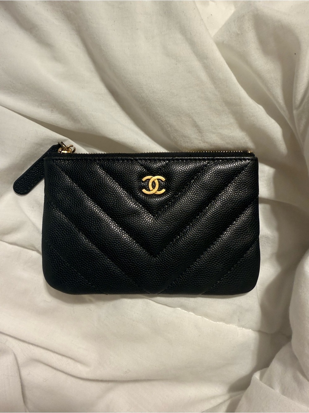 CHANEL Black Quilted Chevron Leather Wristlet Pouch with Gold CC